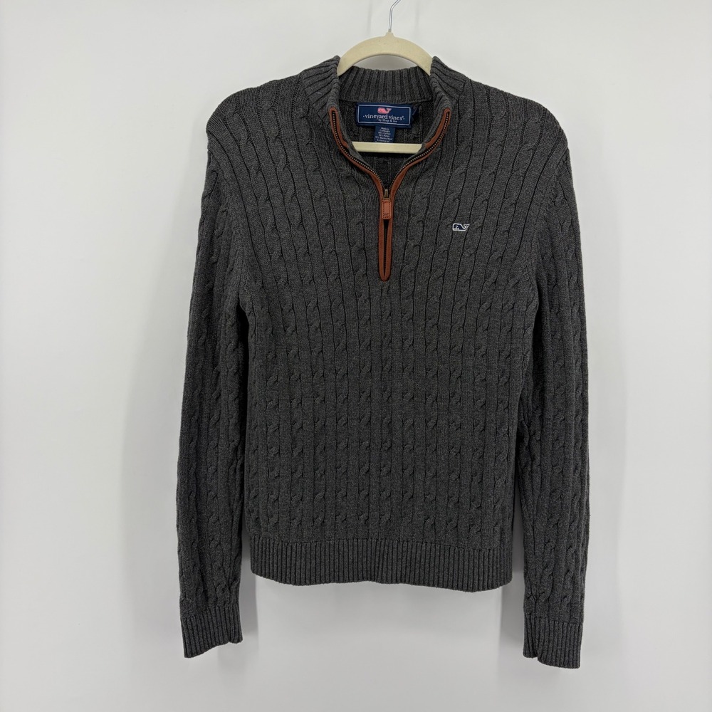 Vineyard Vines Boys L 16 Gray Quarter Zip Sweater Cable Knit Cotton Merino Wool